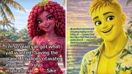 A screenshot from the 'Fruit Love Island' TikTok series showing AI-generated anthropomorphic fruit characters in a dramatic scene, or the creator's final 'BULLYING WORKS' post before accou...