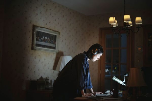 A still from Undertone showing the film's visual aesthetic—ideally something that demonstrates the intersection of internet horror's rough energy and classical filmmaking's precision. Alte...