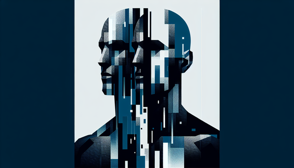 A conceptual editorial illustration showing a fragmented or duplicated silhouette of a figure, suggesting digital replication and the fracturing of identity. The mood should be unsettling ...