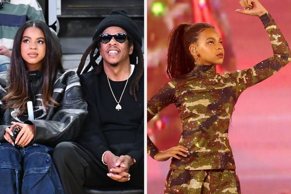 JAY-Z and Blue Ivy at a Mufasa premiere or press event — ideally a photo that shows them together in a professional context, not a casual family moment. The image should communicate the pu...