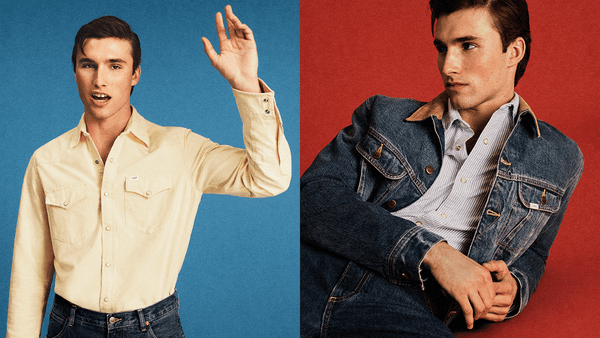Product shot from the J.Crew x Lee collaboration showing a Western shirt or denim jacket that visually represents the prep-meets-cowboy aesthetic—ideally styled in a way that makes the cul...
