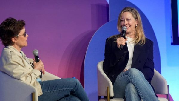 Judy Greer and Kara Swisher in conversation at the SHE Media Co-lab space at SXSW—ideally a candid shot capturing the directness of their exchange, not a staged panel photo