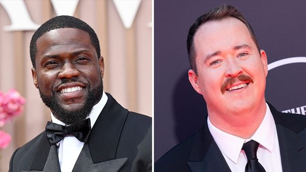 Kevin Hart at the Tom Brady roast, ideally mid-laugh or reacting to a joke — showing him in the producer/host role that he's now flipping into the subject role. Alternatively, a split imag...