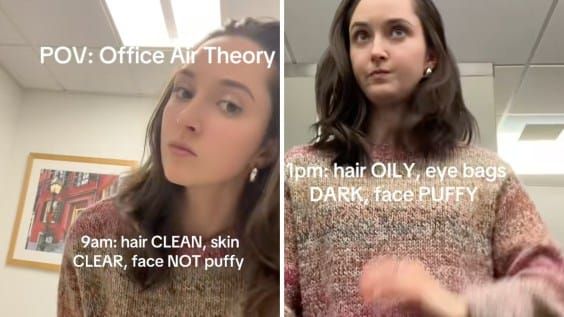 A split-screen TikTok-style image showing the same person before and after work — fresh-faced in morning light vs. exhausted under fluorescent office lighting. The visual should feel nativ...
