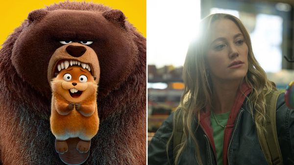 Still from Reminders of Him showing the lead actors in an intimate moment, or a theater marquee displaying the film title with audience members entering