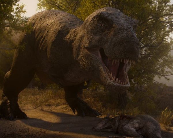 A still from The Dinosaurs showing a CGI dinosaur in a naturalistic setting, ideally with visual effects that demonstrate the show's production quality—or a promotional image of Morgan Fre...
