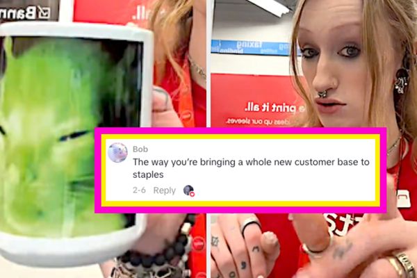 A screenshot or still from one of the Staples Baddie's TikTok videos showing her behind the counter with her characteristic deadpan expression, ideally with visible Staples branding and pr...