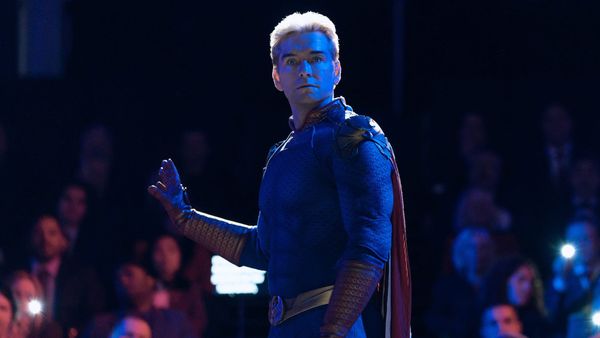 A still from The Boys showing the core cast in a tense, character-driven scene — preferably one that demonstrates the show's strength in intimate moments rather than spectacle. Alternative...