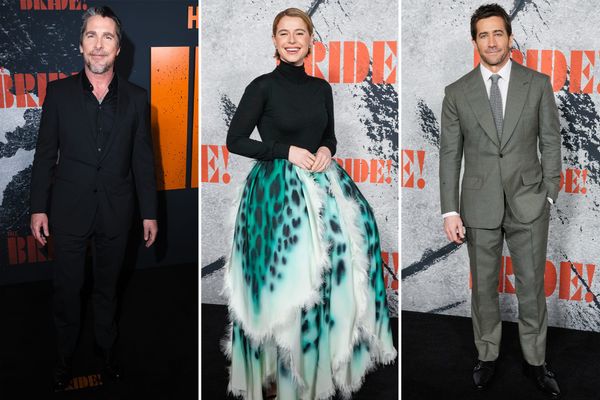 A wide or medium shot from the premiere red carpet showing the event's moodier, more subdued aesthetic—ideally Christian Bale, Jessie Buckley, or Maggie Gyllenhaal in dark, textured formal...