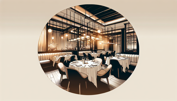 A dimly lit corner of an elegant restaurant dining room, shot from a middle distance—empty table with white tablecloth, ambient warm lighting, the kind of neutral-luxe space that could be ...