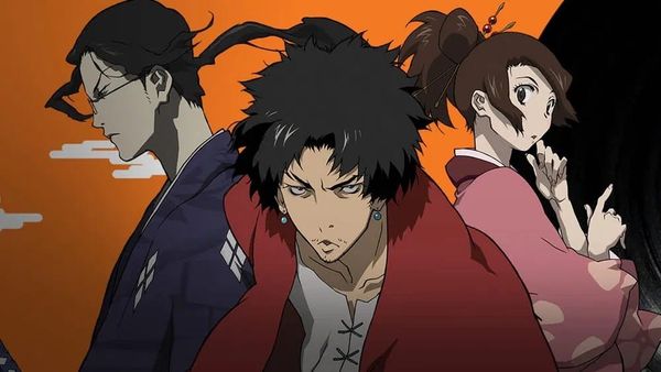 Still from the original Samurai Champloo anime showing the distinctive visual style — ideally a scene featuring the main characters Mugen, Jin, and Fuu, or a shot that captures the series'...