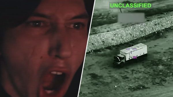 A still from the White House propaganda video showing the juxtaposition of drone strike footage with Hollywood franchise clips, or a composite image showing Tom Cruise from Mission: Imposs...