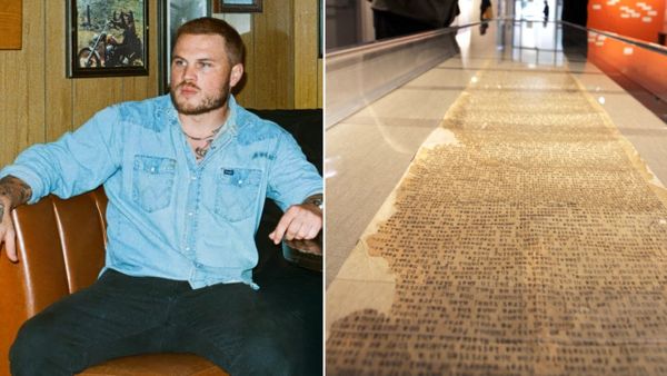 The original On the Road scroll manuscript — the continuous 120-foot roll of paper with Kerouac's typewritten text visible, ideally showing its physical scale and condition. Alternatively,...