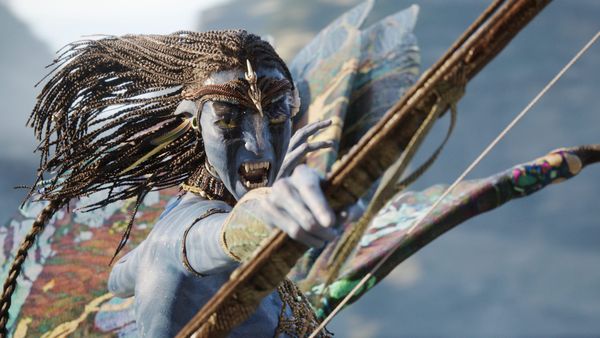 Production still from Avatar: Fire and Ash showing the scale and technical complexity of Cameron's Pandora world-building — ideally a behind-the-scenes image of the performance capture or ...