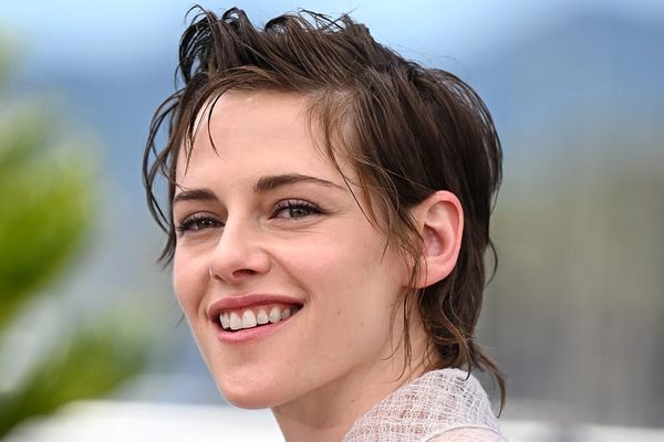 Kristen Stewart at the Cannes Film Festival premiere of 'Full Phil'—either a candid moment on the red carpet or a still from the film that captures Dupieux's absurdist aesthetic. The image...