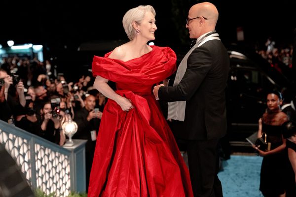 Photo from Stanley Tucci's Hollywood Walk of Fame ceremony showing Meryl Streep at the podium during her tribute speech, or a shot of Tucci and Streep together at the event with Emily Blun...
