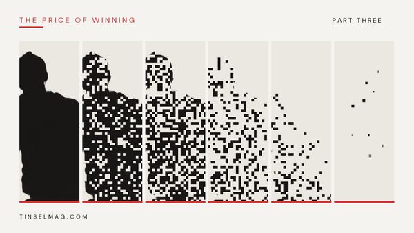 The Price of Winning, Part Three: How to Disappear an Account — a creator silhouette dissolving into pixels until the final panel is empty