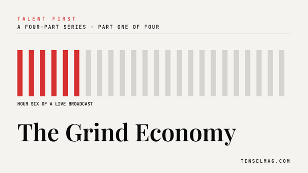 Talent First, Part One: The Grind Economy — six red bars in a row of twenty-four, marking the sixth hour of a live broadcast