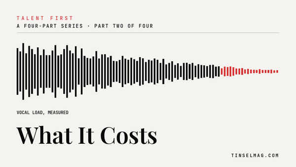 Talent First, Part Two: What It Costs — an audio waveform decaying from full amplitude to a frayed red edge