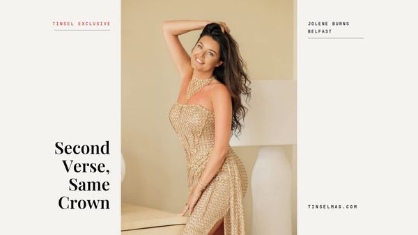 Jolene Burns in a gold sequined gown against a cream studio wall, beside the cover line Second Verse, Same Crown