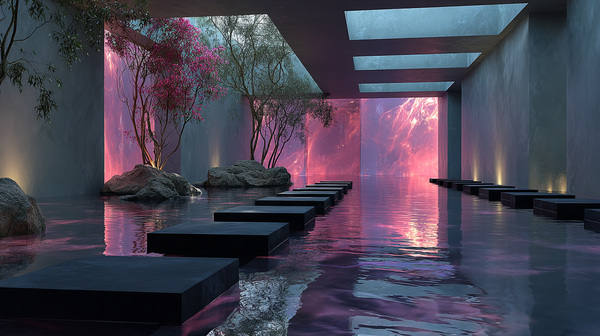 Futuristic meditation space with stone benches, glowing pink trees, skylights, and reflective water—blending minimal architecture, ambient light, and digital serenity for immersive design.