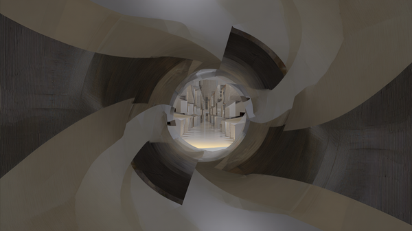 Abstract tunnel of swirling concrete and wood forms converging into a glowing core—evoking visual intelligence, creative focus, and imagination turned into design.