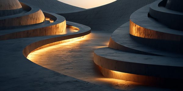 Photorealistic rendering of organic Zaha Hadid-inspired architecture with flowing curves and warm golden hour lighting, emphasizing depth, texture, and cinematic shadows.