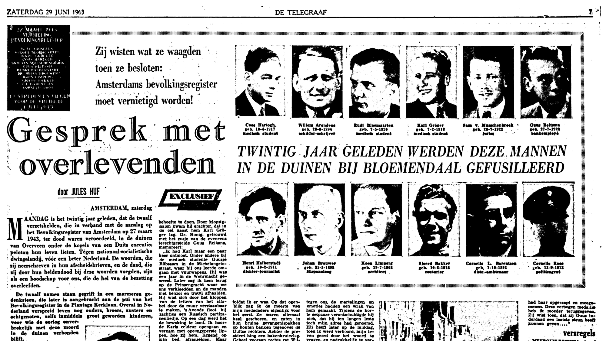 De Telegraaf on June 29, 1963, twenty years after Arondéus and the others were executed by the Nazis. The headline reads “Conversation with the deceased.”