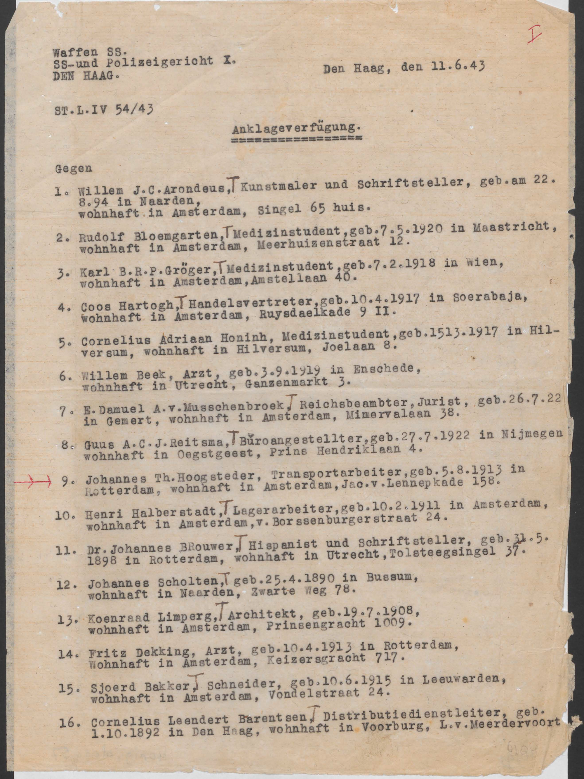 The Nazi indictment of Willem and his co-conspirators in the attack on the Amsterdam Population Registry.