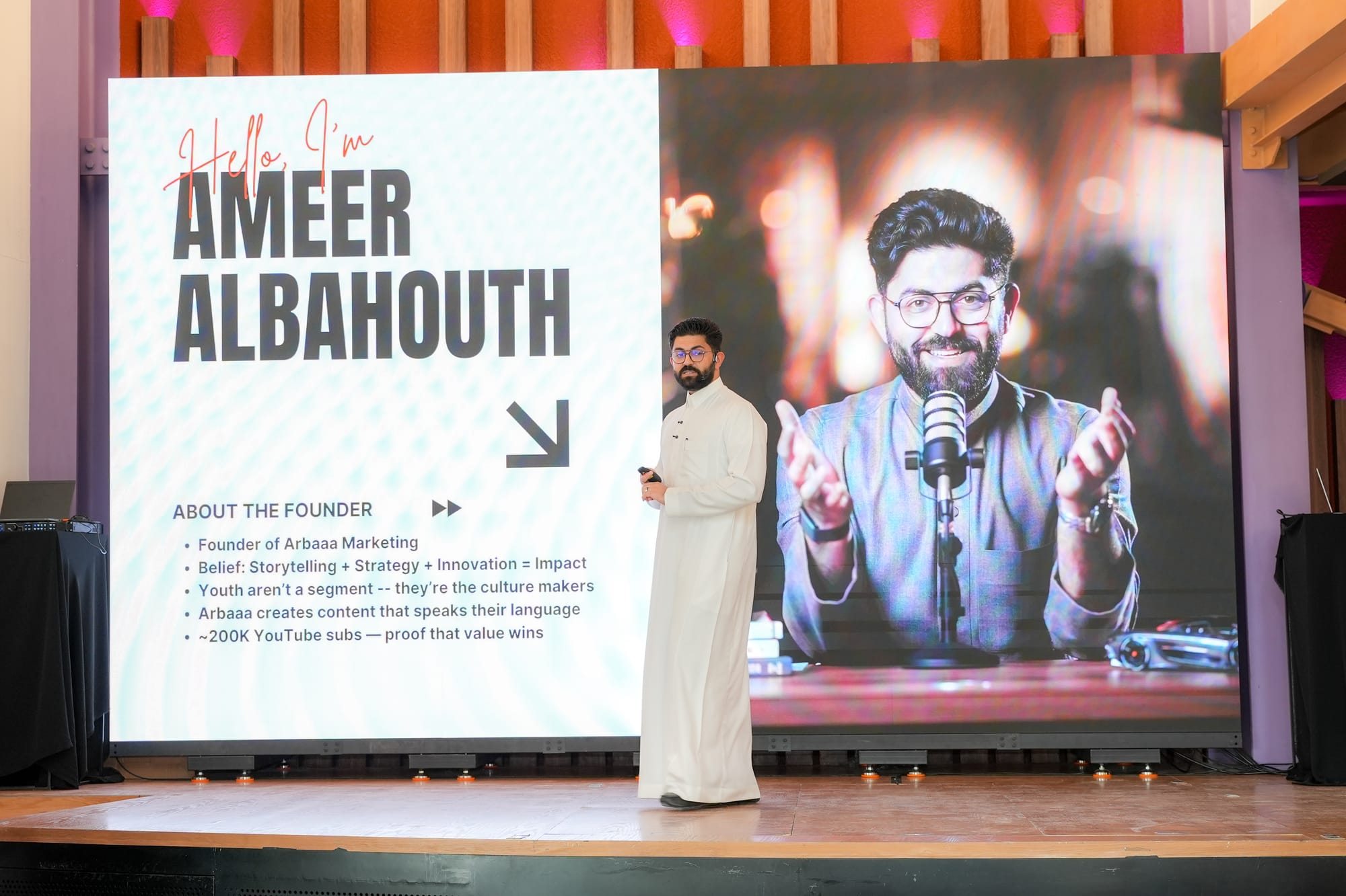 Join public events and present the same topics you are covering on your YouTube Channel. This Ameer Albahouth in the Youth Arabia Forum giving a keynote on Marketing to Youth in Saudi Arabia
