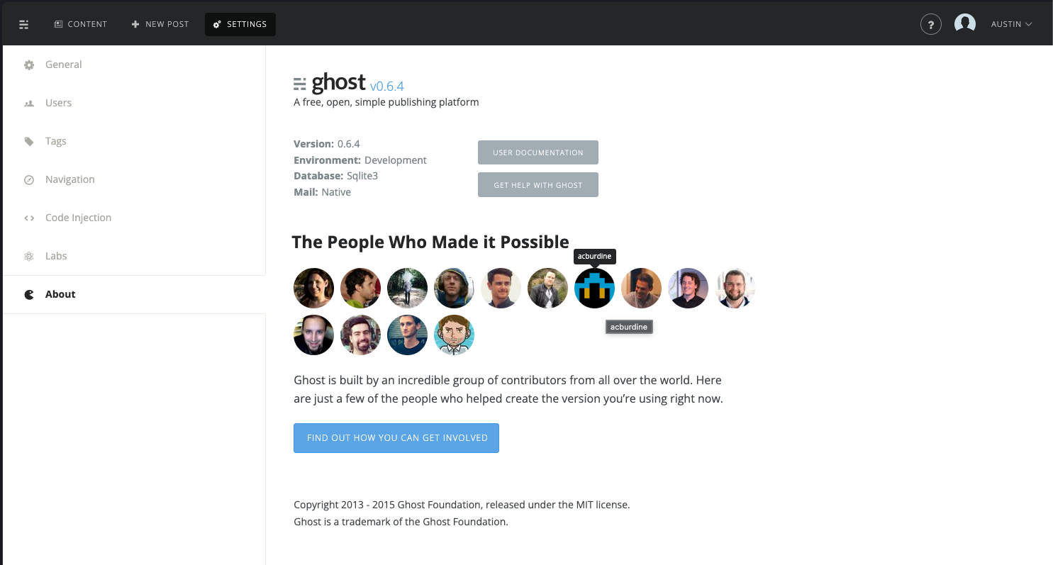 Ghost v0.6.4 admin about page