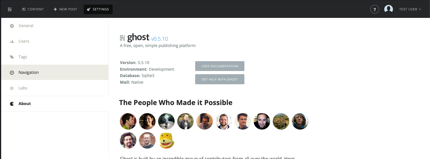 Ghost v0.5.10 admin about page