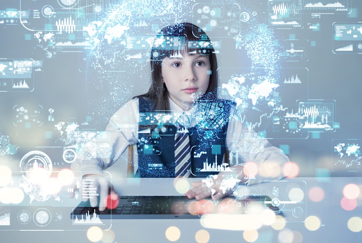 Stylised image of a schoolgirl at a keyboard looking at digital icons