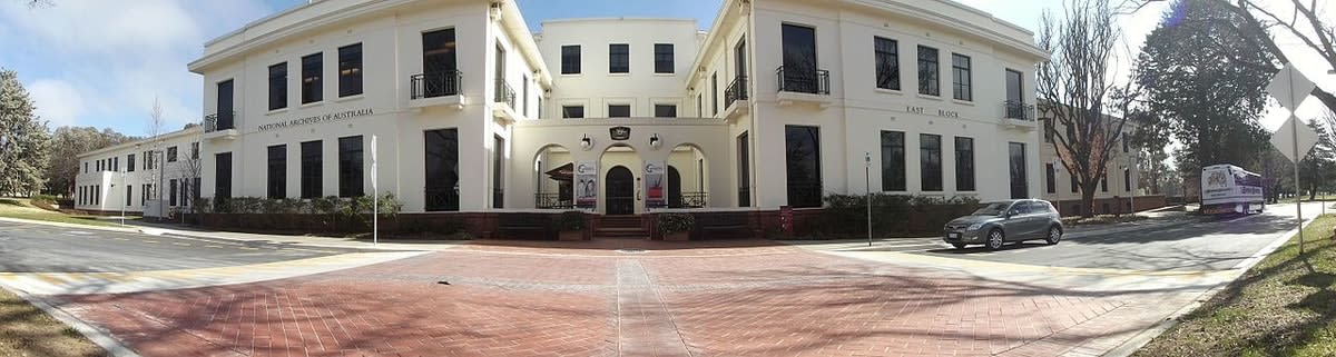 Panoramic shot of the front exterior of the National Archives Building