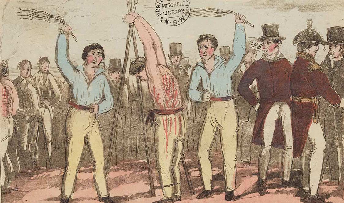 Drawing of two men flogging a chained convict