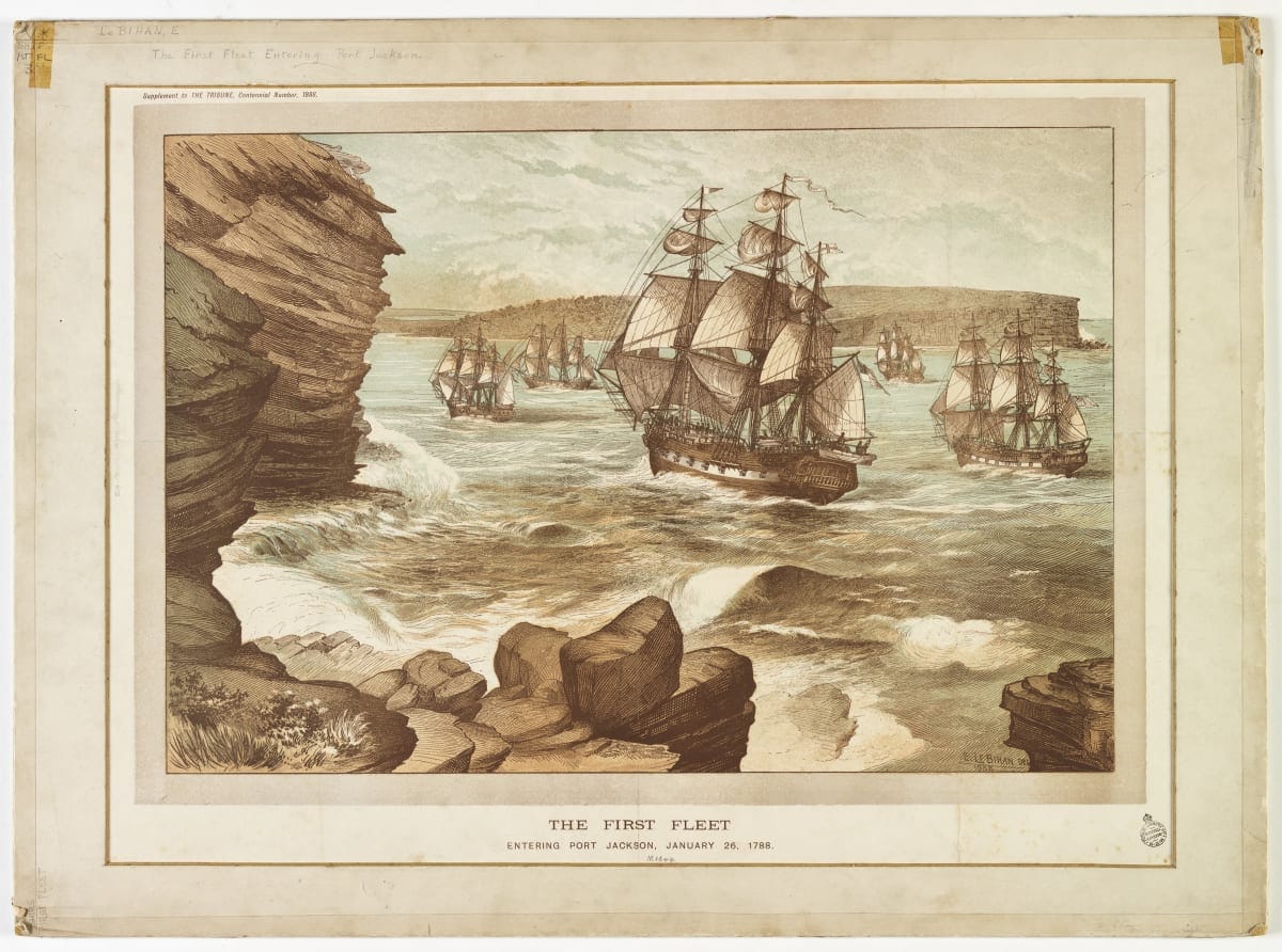 Drawing of the First Fleet entering Port Jackson in 1788