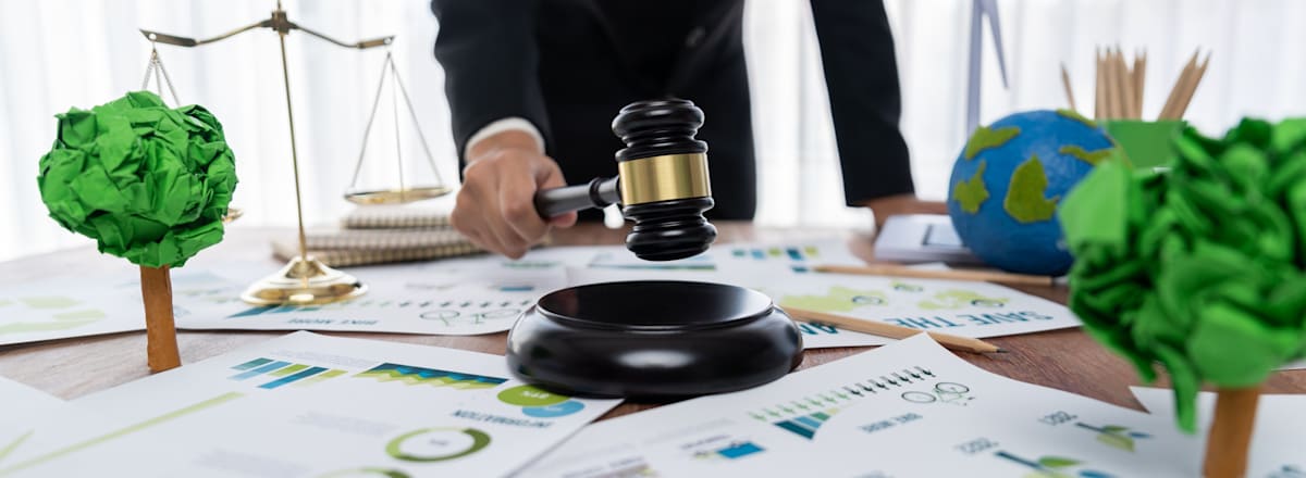 Businessman with gavel and sheets of paper on a desk.