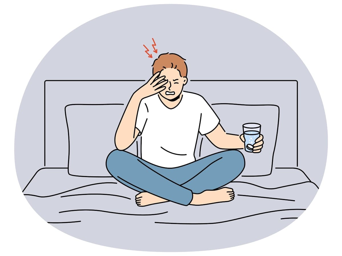 man sit on bed suffer from a headache holding glass of water with pill.