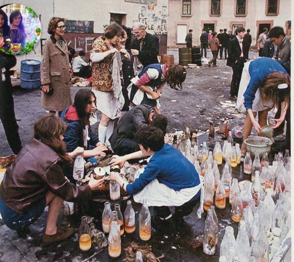 women in the Bogside, Derry make petrol bombs in  1969.