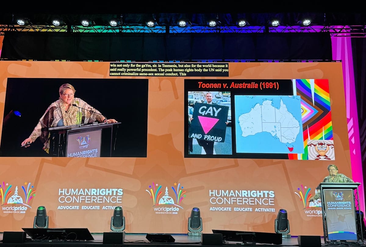 Monash academic and LGBTIQA+ campaigner Paula Gerber speaking at the World Pride Human Rights Conference 2025 in Washington.