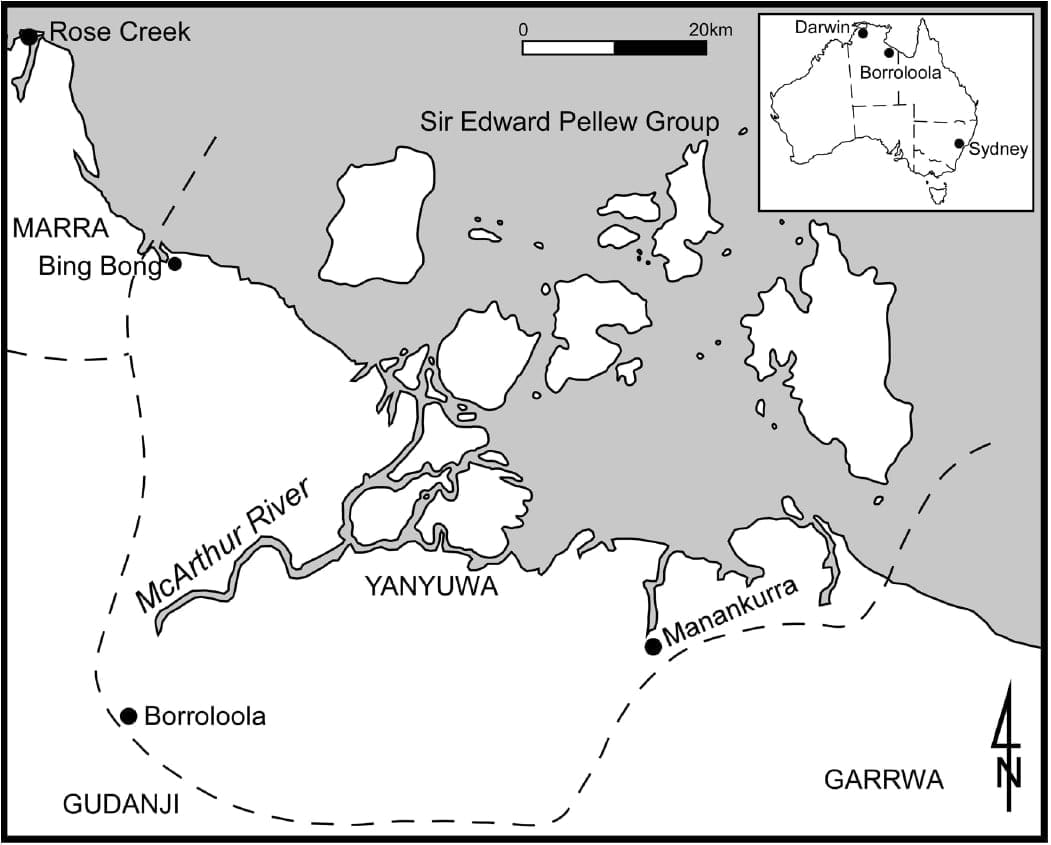 Map showing Borroloola sits just inside Yanyuwa country in the Northern Territory.