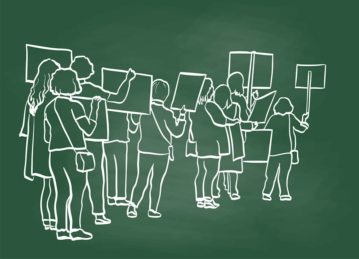Line illustration of women protesting with signs
