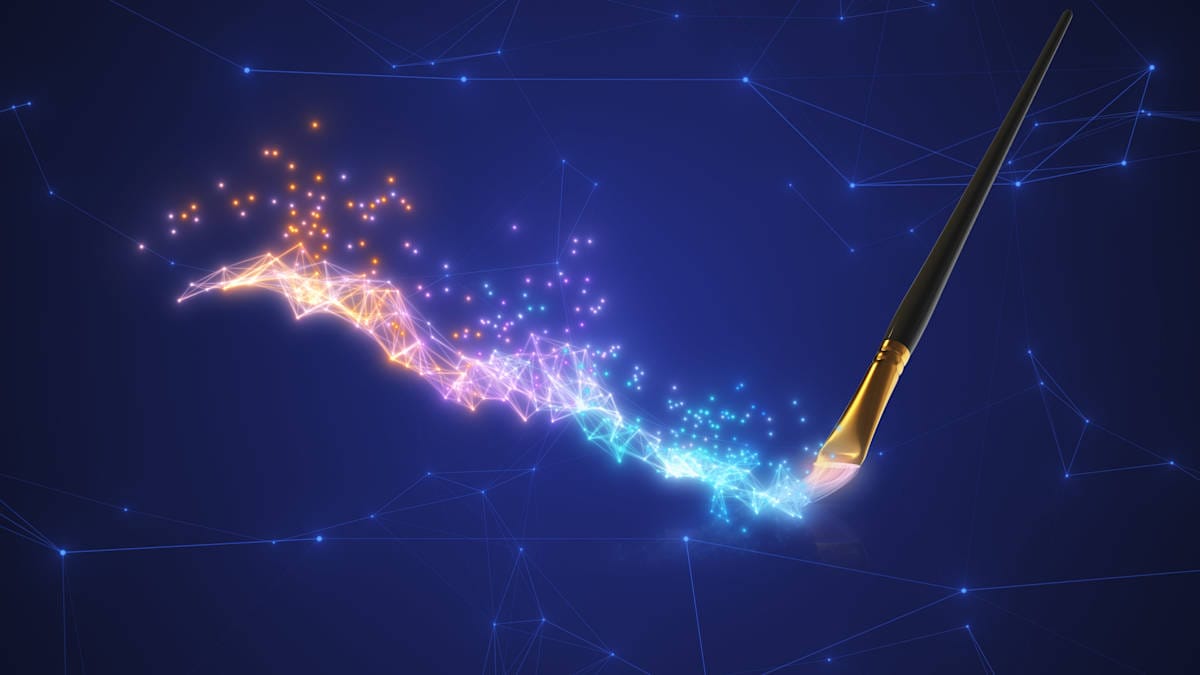 A thin paintbrush leaving a digital trail behind it, depicting AI in art creation