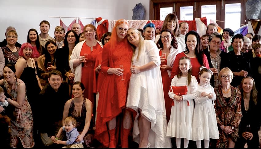 Wedding photo of  Gail and Lisette. Adelaide, 2021, surrounded by friends and family, from the documentary “The Love of My Life” on ABC iview.