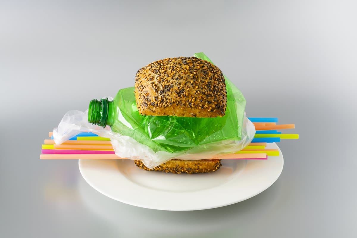 Picture of a bread roll with a filling of waste plastic bottles and straws