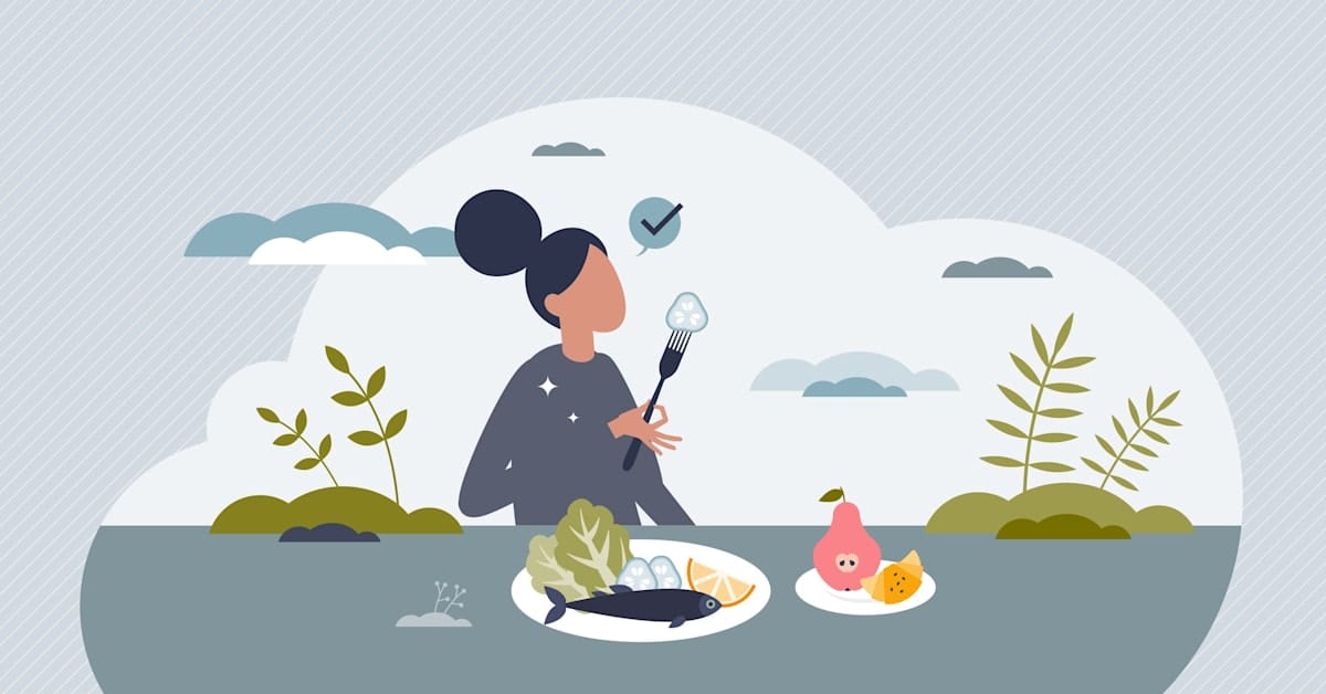 Mindful eating and healthy, balanced food awareness tiny person concept. 