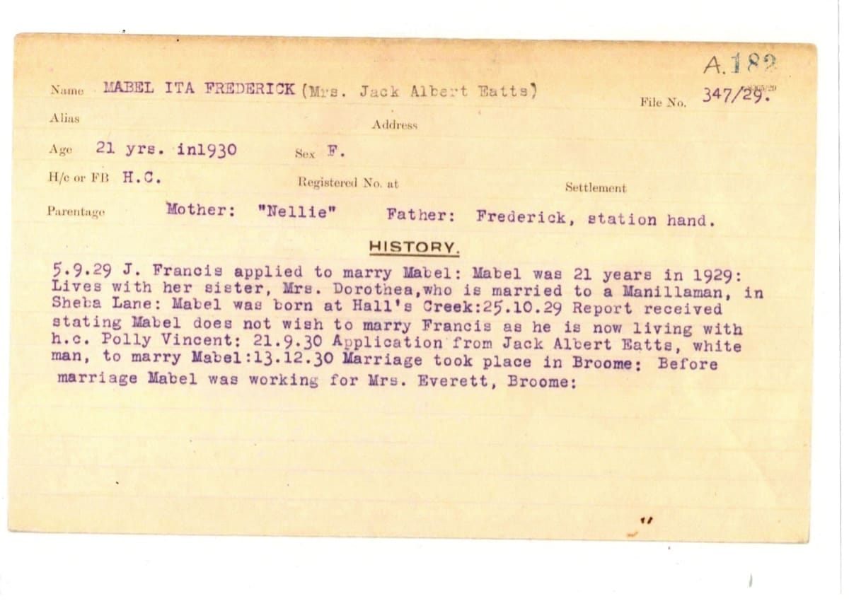 “Mabel Ita Frederick" personal history card from the Department of Aborigines in Western Australia, 1929. 
