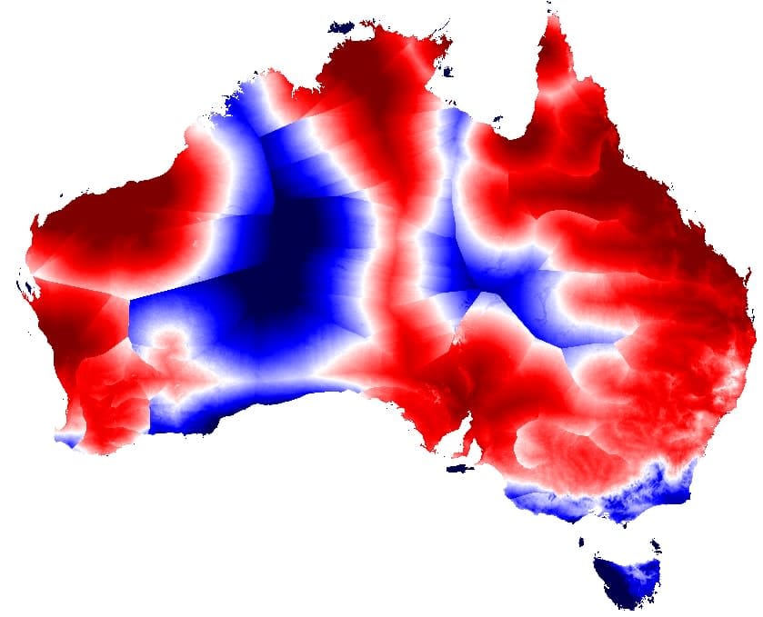 Economically favorable locations (in red) with hydrogen produced by solar PV (with a targeted market price of $3/kg and $570/kW of PEM CAPEX in 2030).