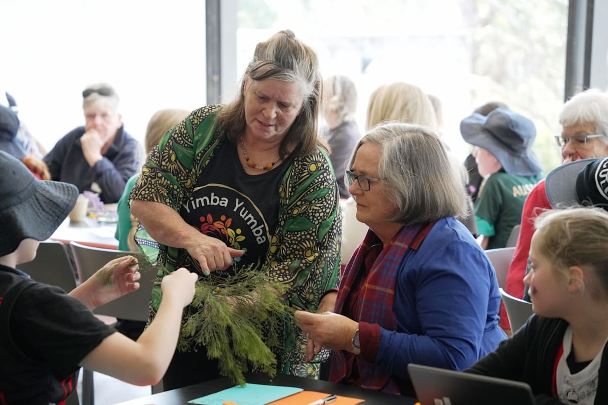 Aunty Karan shows participants plants that are used in smoking ceremonies in Boon Wurrung Country  
