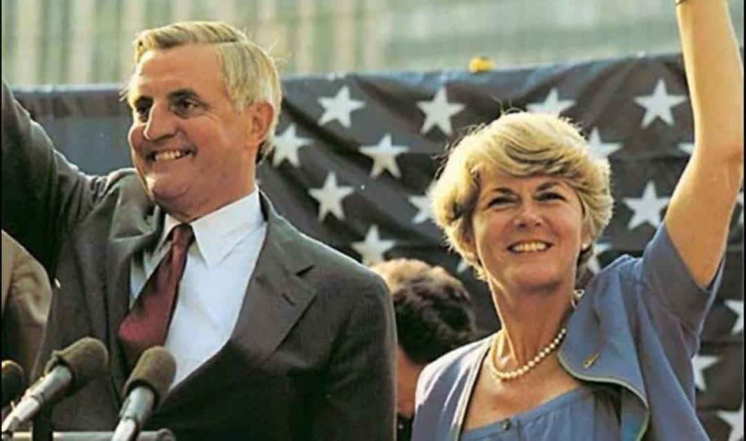 Image of 1984 presidential candidate  Walter Mondale with running mate Geraldine Ferraro.